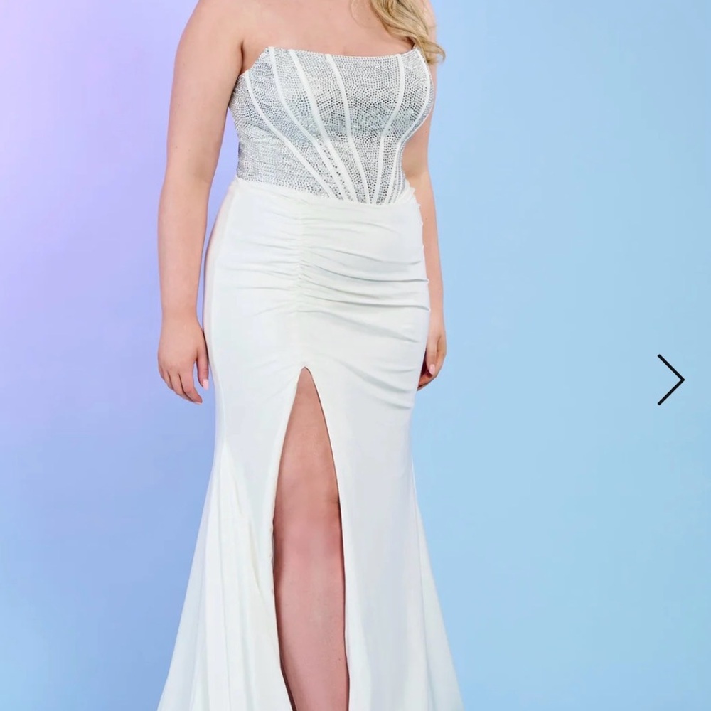 Rachel Allan White Strapless Evening Gown with Beaded Bodice